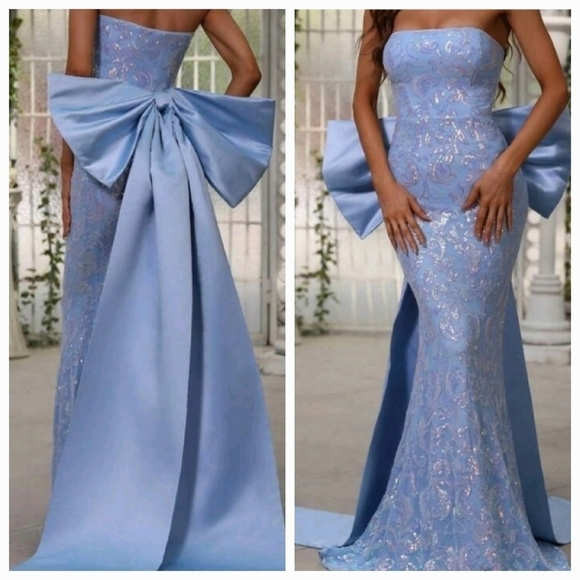 Baby Blue Strapless, Big Bow, Mermaid Maxi Gown for Special Events - Picture 3 of 12